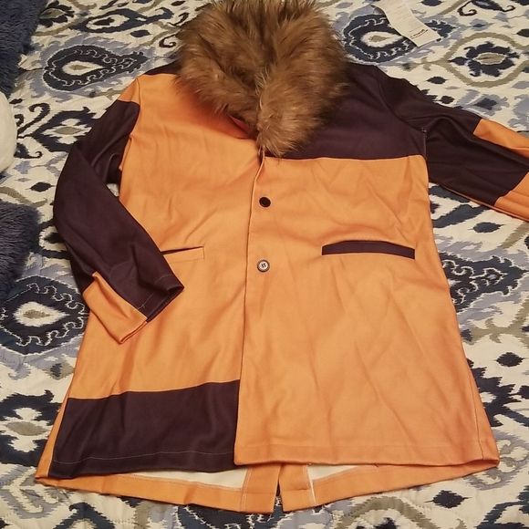 Womens Orange & Navy Color Block  Faux Fur Removable Collar Coat New Wool Look L - Picture 13 of 13